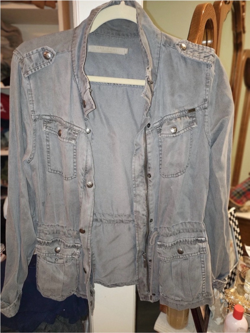 Max Jeans Utility Jacket, Gray/Olive Green, Women Small, Soft Material